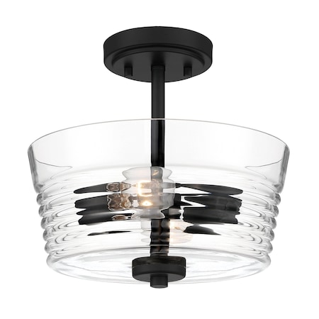 Designers Fountain Ingo 12in 2-Light Matte Black Ceiling Light Semi-Flush Mount with Clear Ribbed Glass Shade D230M-SF-MB
